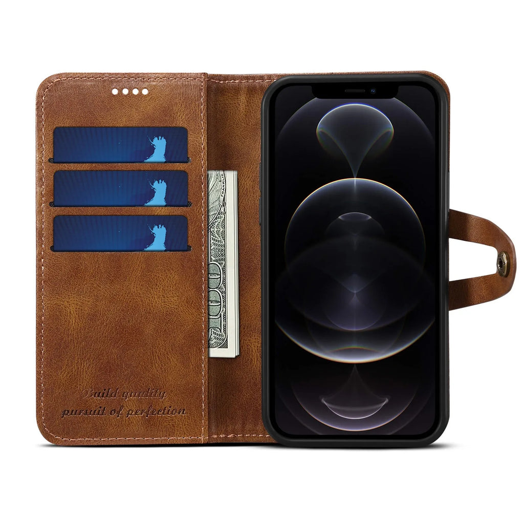 PU leather flip wallet phone case in black with card slot for iPhone 13