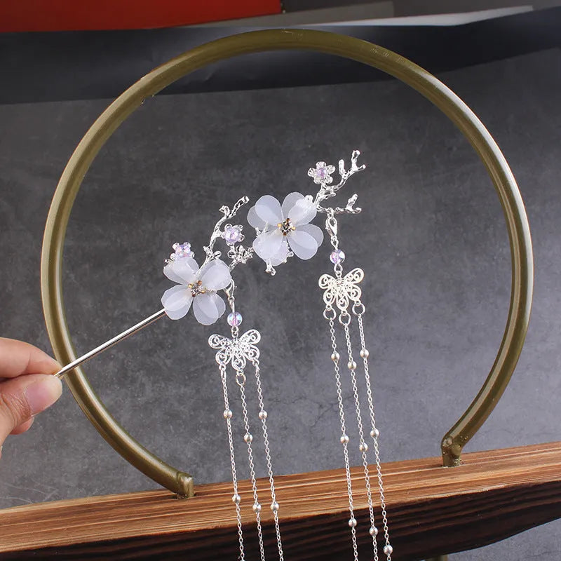 Ancient style hairpin with plum blossom branch, white flower, and tassel on metal stick, gold finish