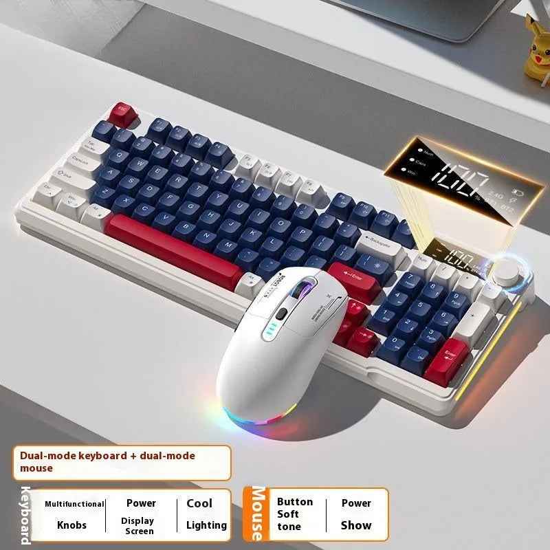 Blue and white wireless mechanical-feel keyboard and mouse set on a wooden desk