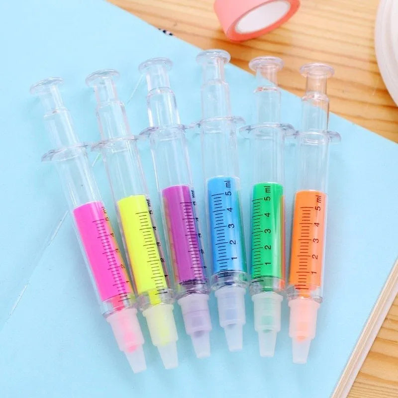 Set of 6 syringe shaped fluorescent highlighter pens in six colours