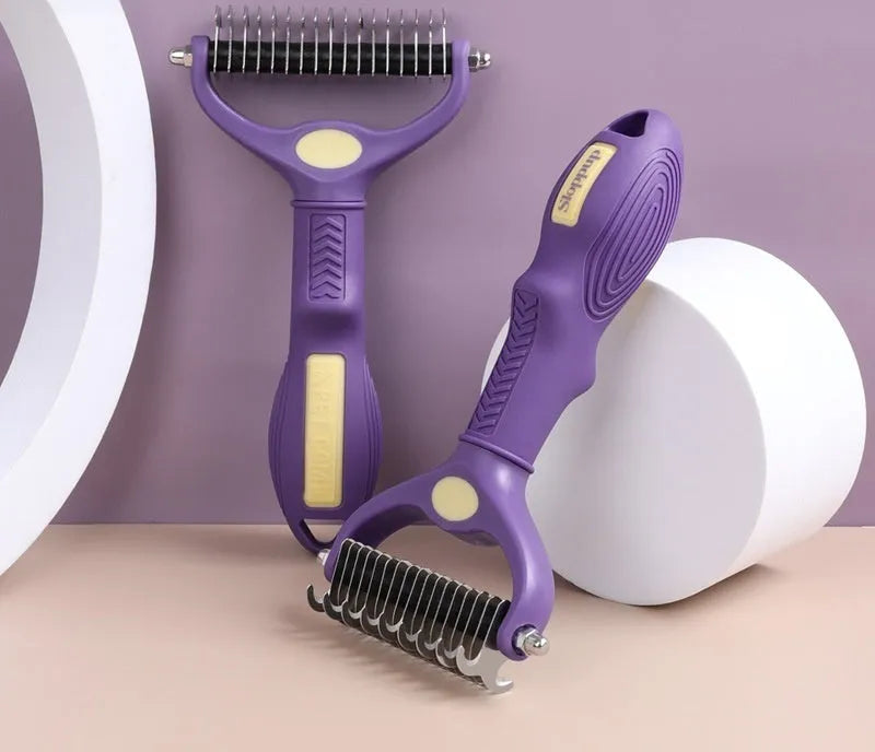 Purple plastic double-sided pet grooming comb for untangling knots on dogs and cats.