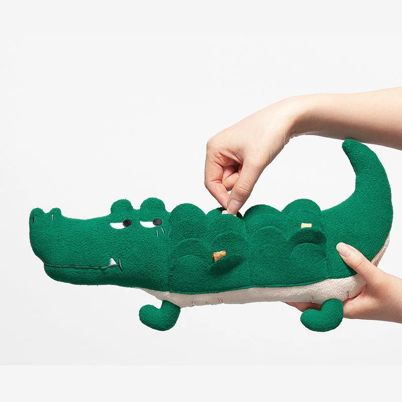 Green plush toy dog soft toy on white background, showing its 35cm length.