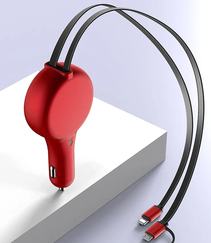 Black retractable car charger with two cables extended, showing USB-A, Type-C, and Lightning ports.