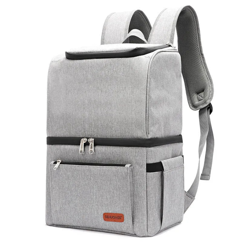 Blue double layer insulated backpack with large main compartment and adjustable straps.