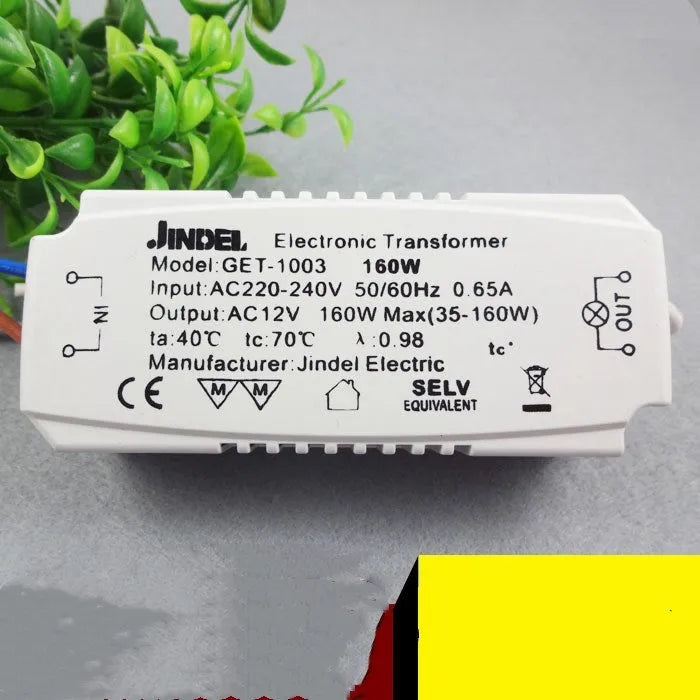 White quartz lamp electronic transformer, dry type, shown in 50W to 160W options and sizes from 75x35x20mm to 110x45x28mm.