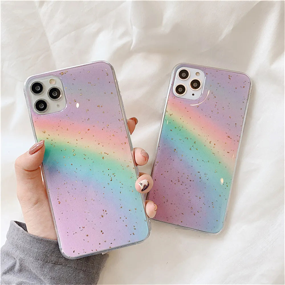Rainbow gradient striped TPU protective case for iPhone on a white background.
