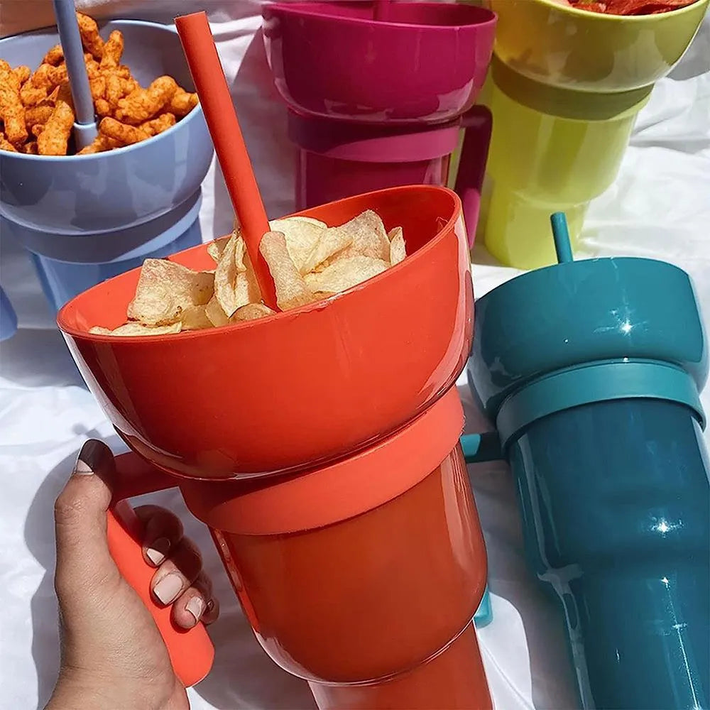 Silicone snack cup with straw and handle, 901-1000ml, 26.7cm tall, in blue yellow orange green pink or colour-changing finish