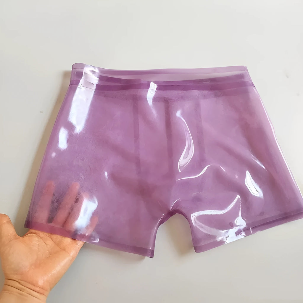 Men's low waist purple latex underwear brief, available in sizes XS to 3XL.