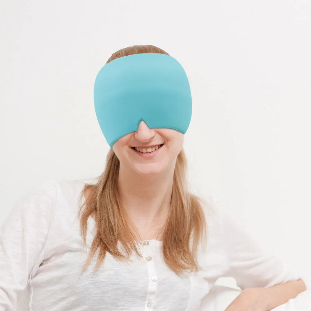 Black elastic ice gel headache relief eye mask shown on a mannequin head, adjustable for 42-66cm circumference.