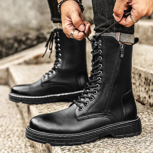 Men's black genuine leather high-top Martin boots with round toe and lace-up closure