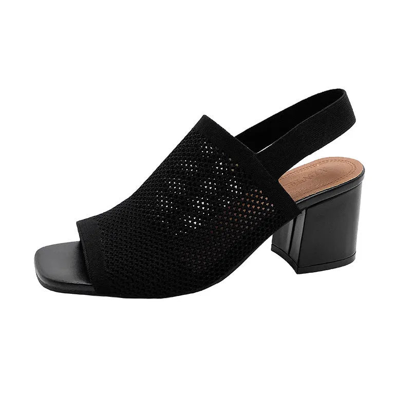 Women's flyknit chunky heel sandals with square toe, mesh upper, rubber sole, black, sizes 35-42