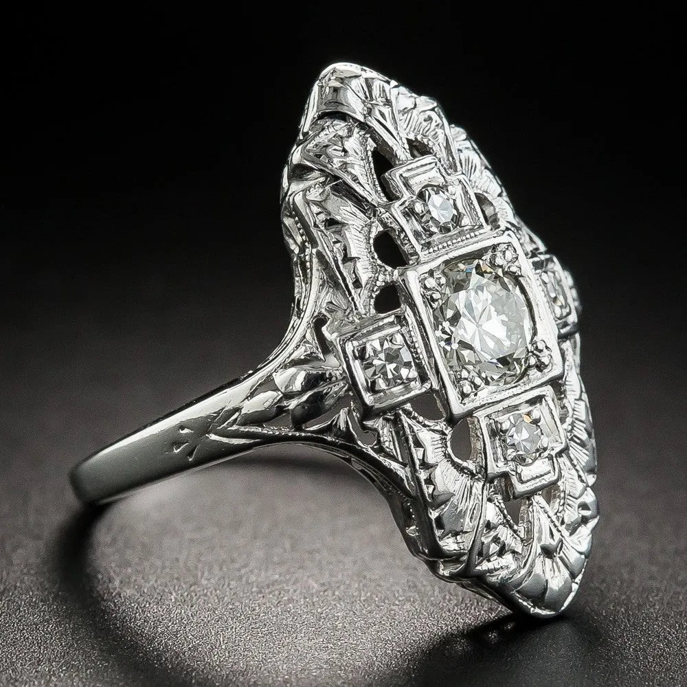 Silver hollow out geometry ring with diamond studs on copper base