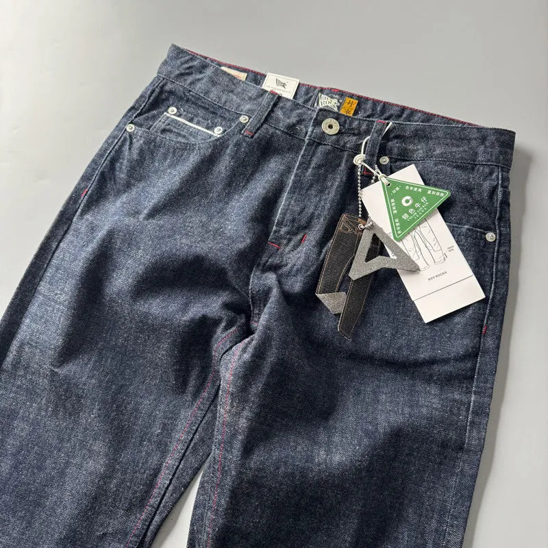 Men's straight leg denim trousers in primary colour with mid waist and American retro styling