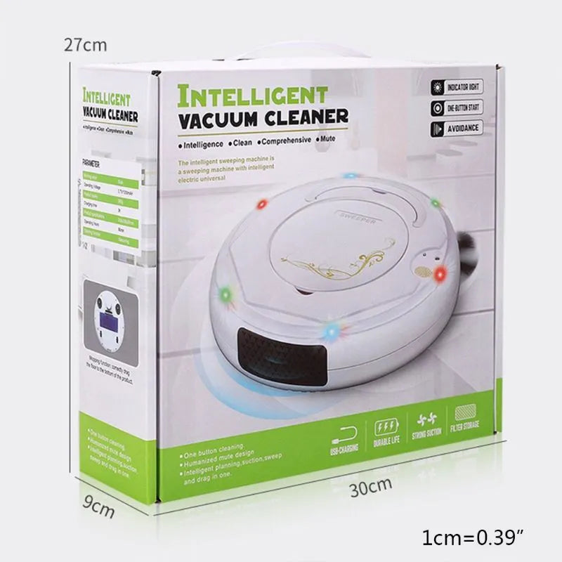 Floor sweeping robot vacuum cleaner in black, blue, or white colour options