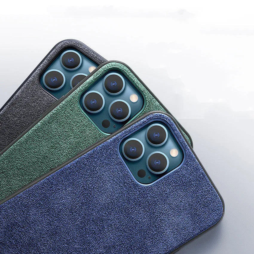 Suede full-cover iPhone case in elegant black, dark night green, or dark blue colour