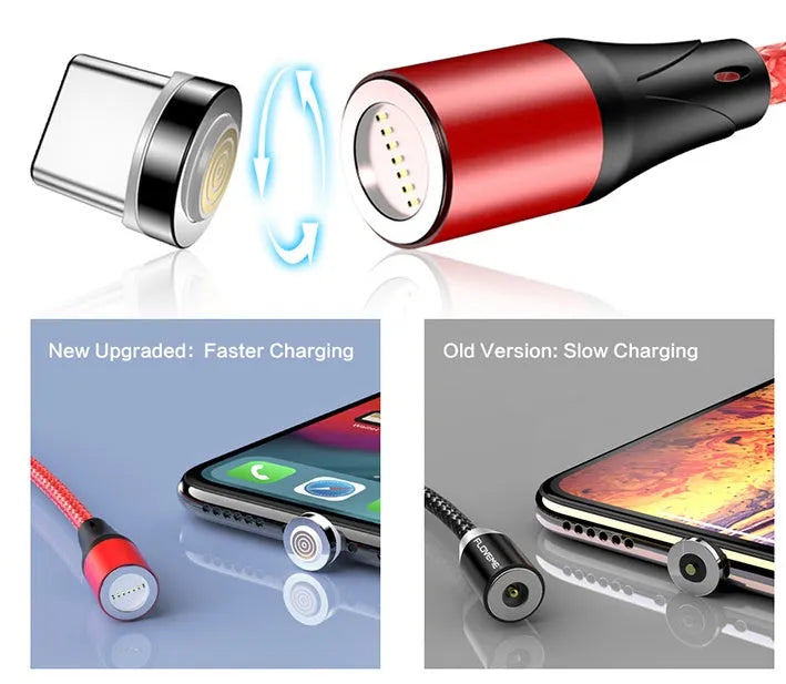 Black magnetic fast charge data cable with illuminated side lights and interchangeable connectors on a table.
