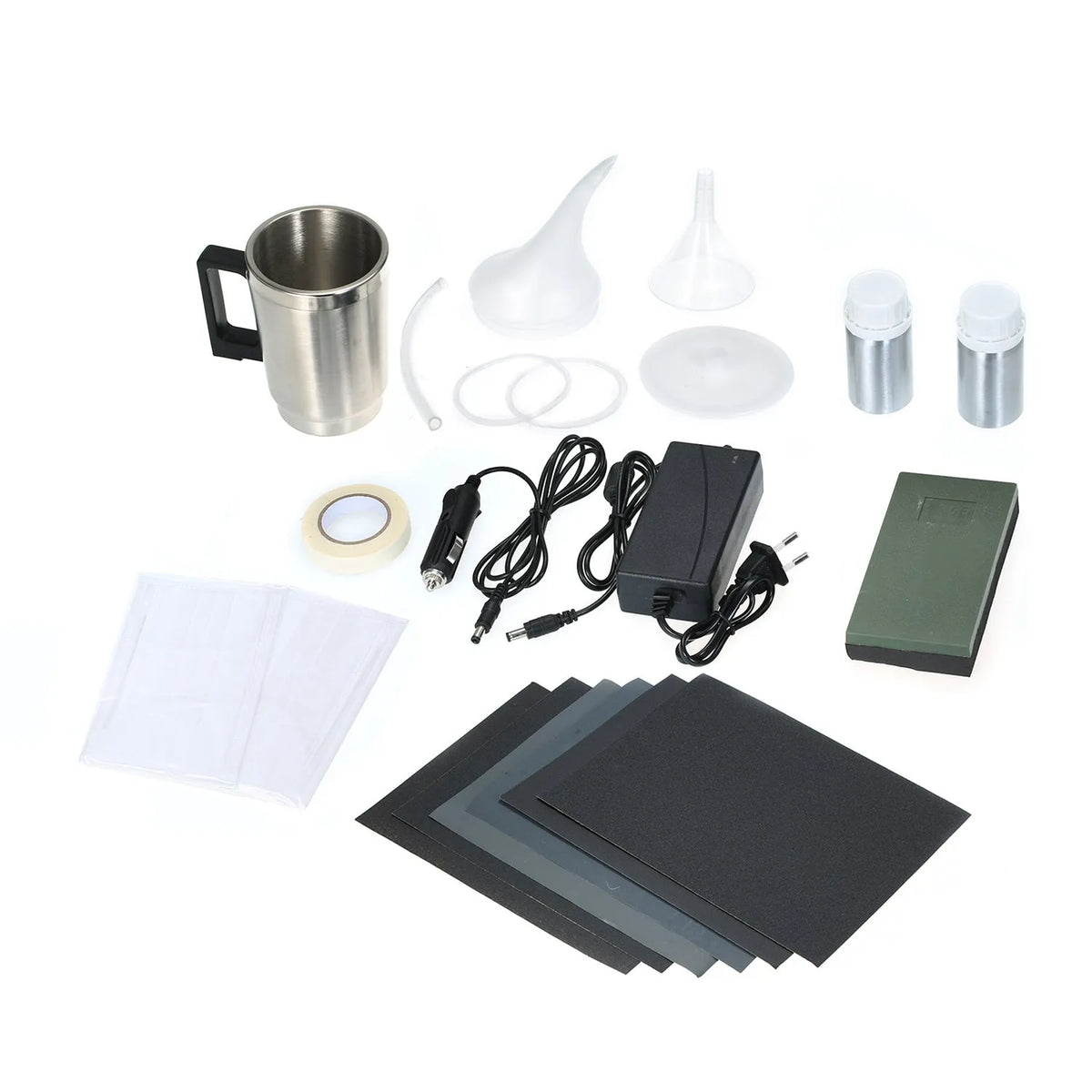 Car headlight repair tool kit in aluminium box with atomisation cup, sandpaper grades and AU or US plug option.