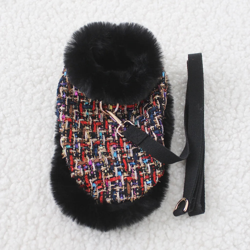 Classic dog walking cloak set with chest strap harness and hand holding rope leash in multiple styles