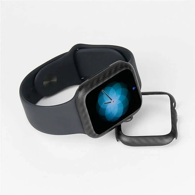 Ultra-thin black leather half-wrap case for a 44mm Apple Watch 4 on a wrist.