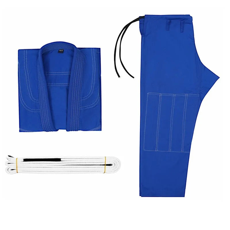 Brazilian jiu-jitsu gi uniform set in cotton blend fabric, showing top and trousers in a choice of colours.