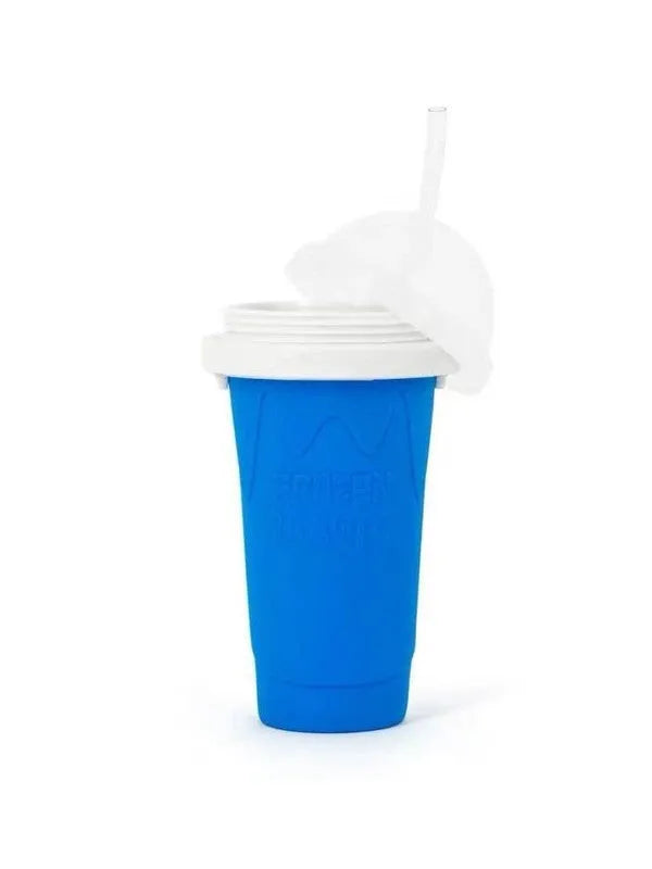 Blue quick cooling pinch cup with double-layer cylindrical design on a table.