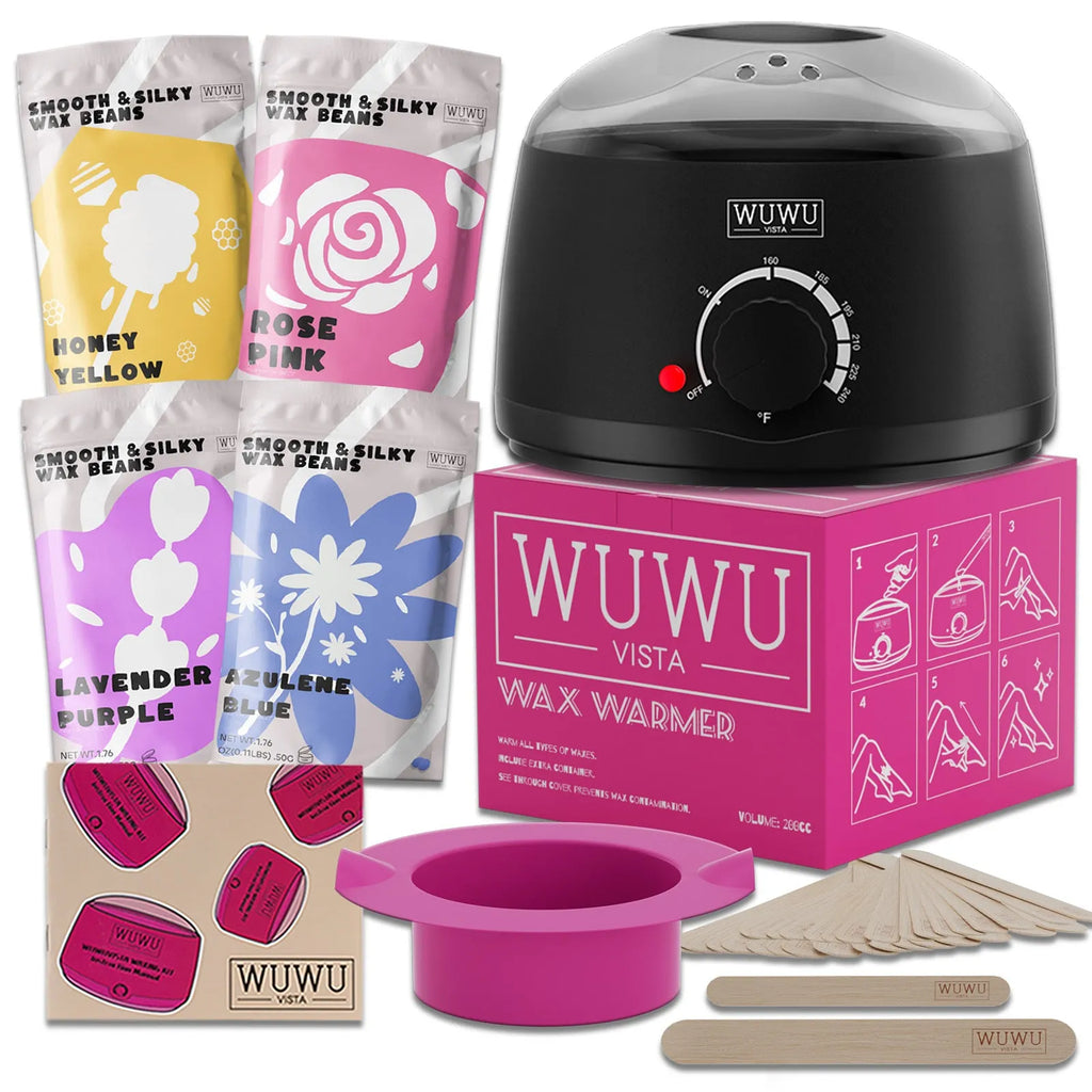 WUWUVISTA 27-piece hair removal wax kit with heater, four coloured wax pots, and applicator sticks on a table.