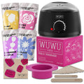 WUWUVISTA 27-piece hair removal wax kit with heater, four coloured wax pots, and applicator sticks on a table.
