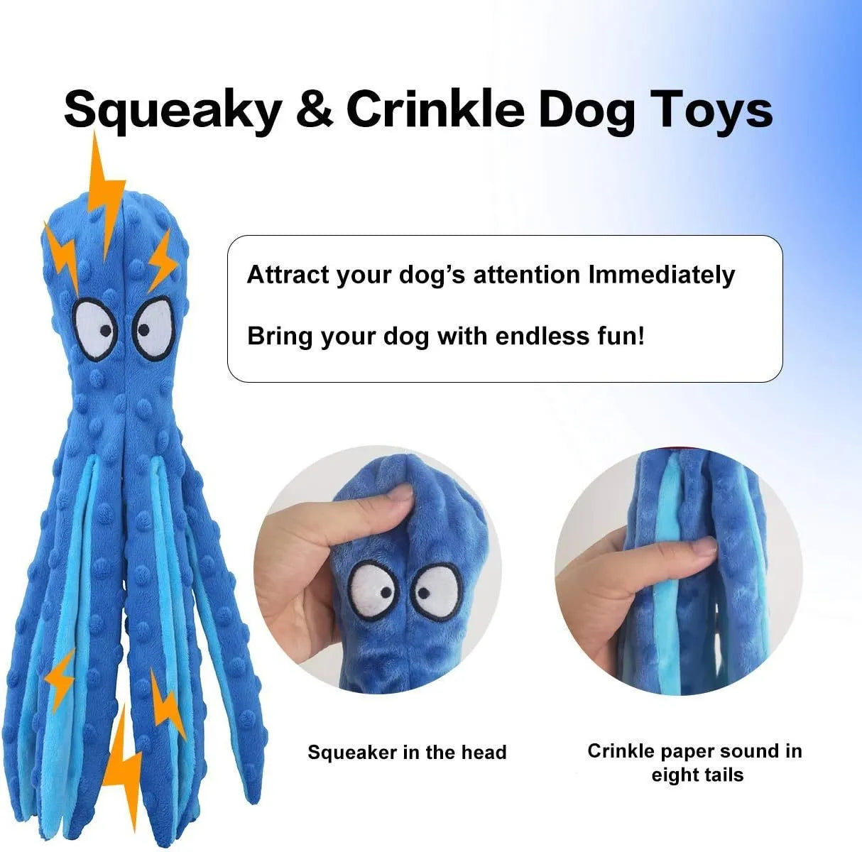 Blue octopus-shaped plush dog toy with crinkle paper and squeaker features on a plain background.