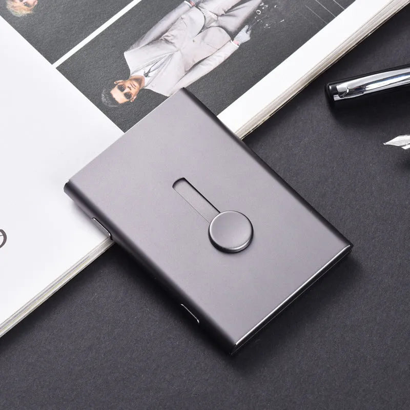 Hand push aluminium card case 93x65x12mm with six layers and RFID protection, shown in black