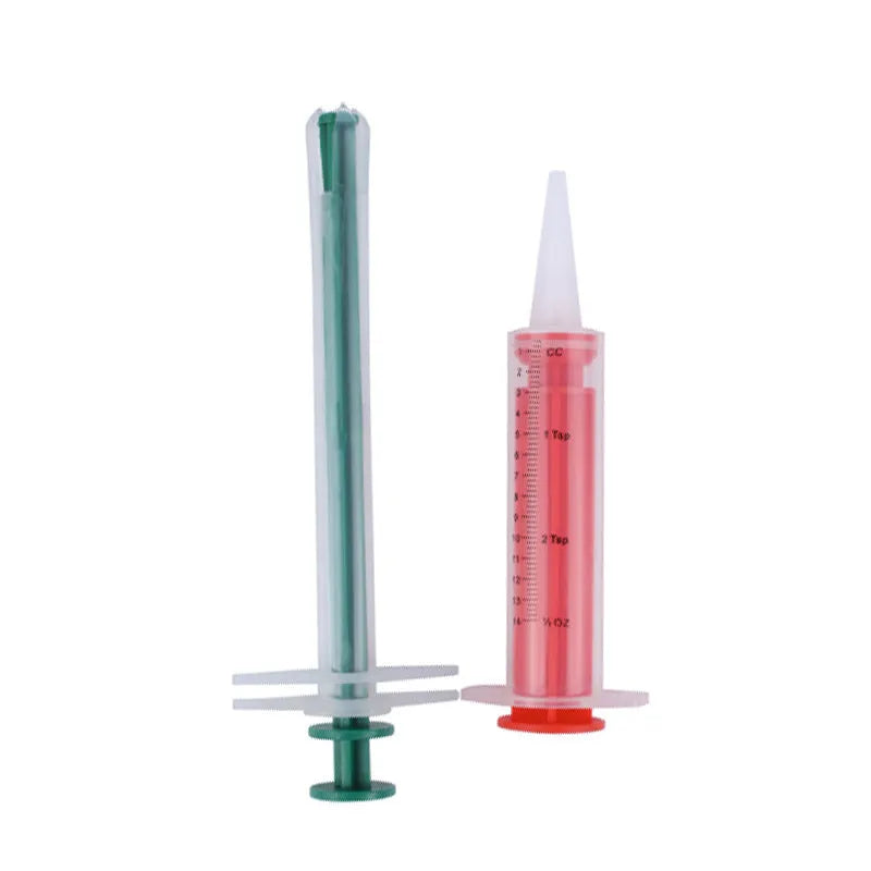 Two pet pill shooter syringes with soft tips, one larger and one smaller, for administering medication to cats and dogs.