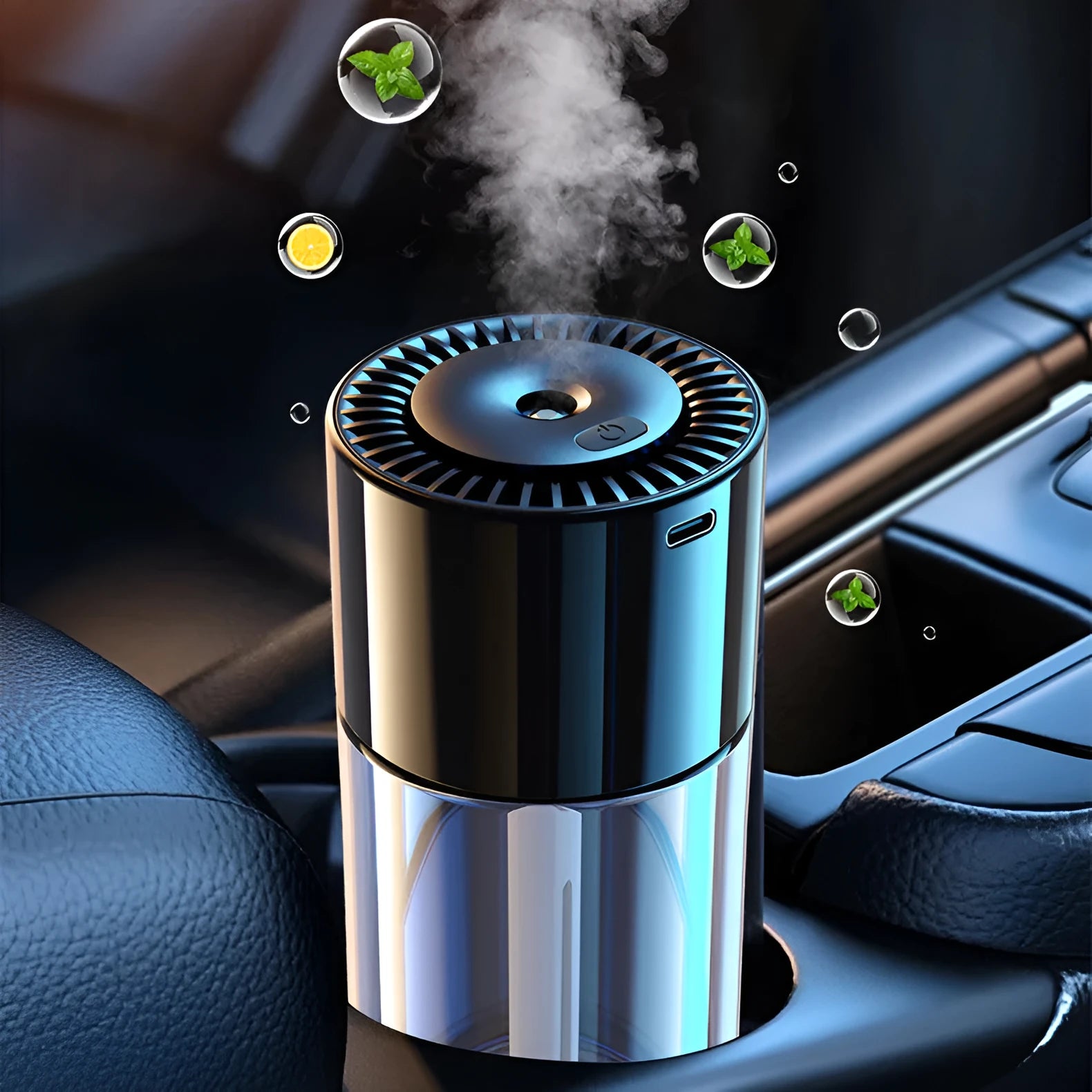 Glass AI spray perfume humidifier on a surface with USB cable, showing classic ocean fragrance option.