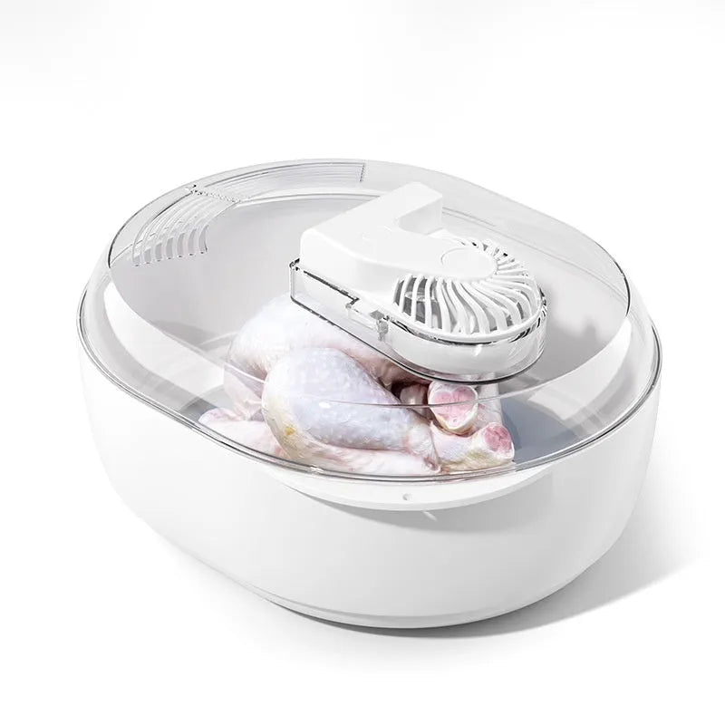 Aluminium quick defrosting plate food defrosting device with USB cable on a kitchen counter
