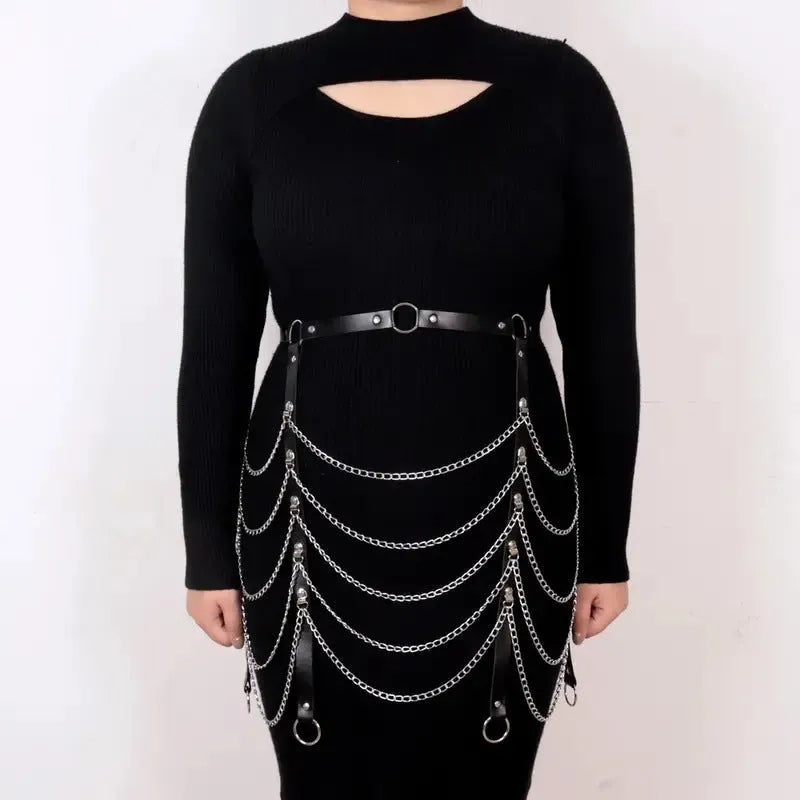Black PU leather waist chain ornament with adjustable 110cm length draped for waist styling