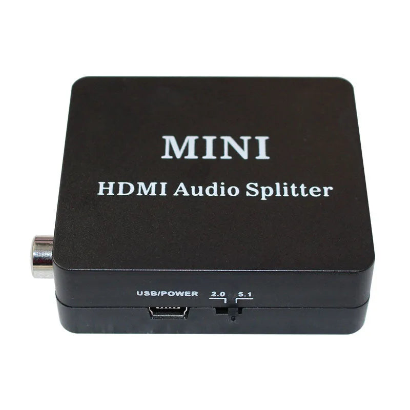 Black audio video splitter with HDMI input and output plus SPDIF and R L audio ports