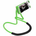 White universal mobile phone neck holder with 360-degree rotating clamp shown holding smartphone