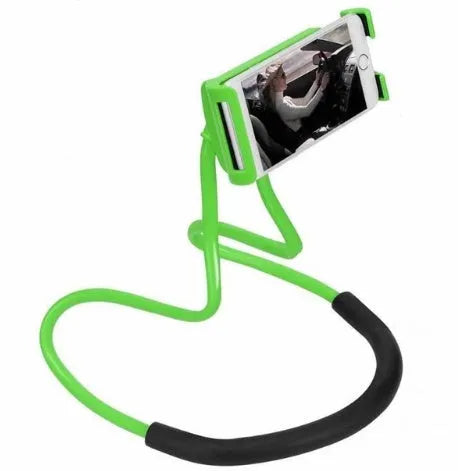White universal mobile phone neck holder with 360-degree rotating clamp shown holding smartphone