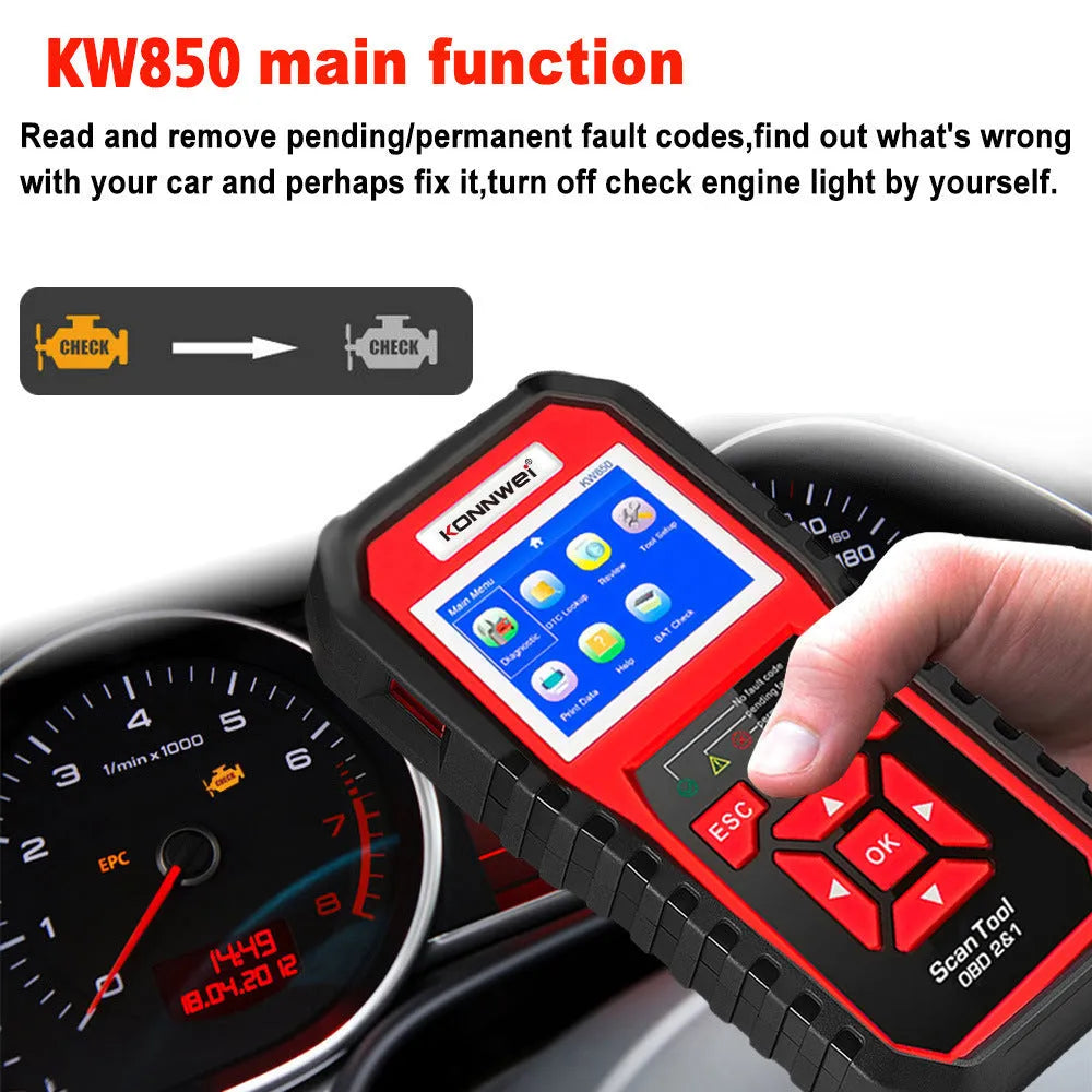 KONNWEI KW850 OBD2 CAN BUS code reader with TFT colour display and One-Click I/M Readiness Key