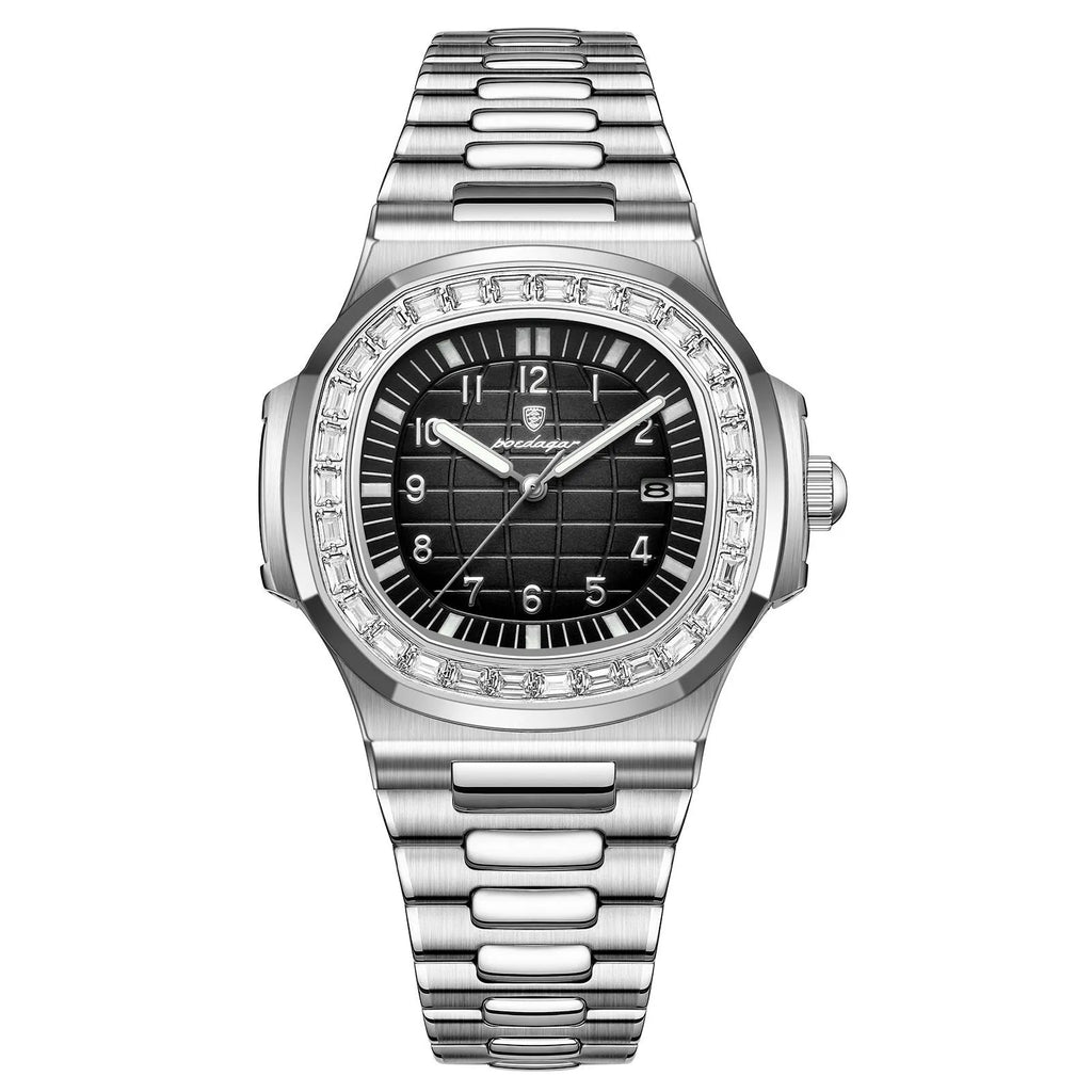 Men's quartz watch with 41.5mm dial, stainless steel strap, alloy case, and luminous waterproof design