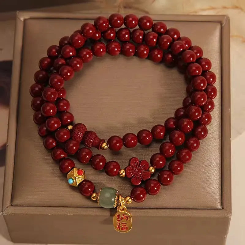 6mm cinnabar bracelet with multi-circle gourd and five petal flower design, polished Chinese-style women's jewellery