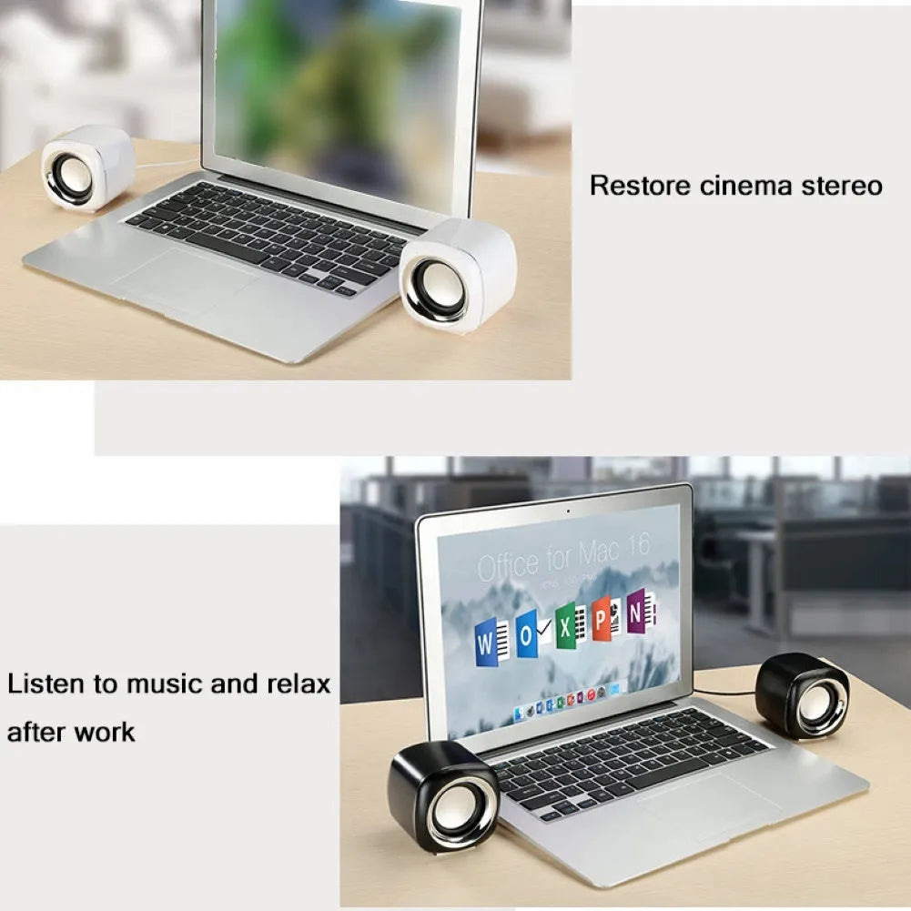 Compact black wired desktop speaker pair with 3.5mm plug measuring 7.2cm