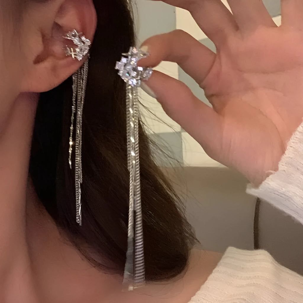 Alloy moon zircon long tassel chain clip-on earrings without ear holes women's ear clips