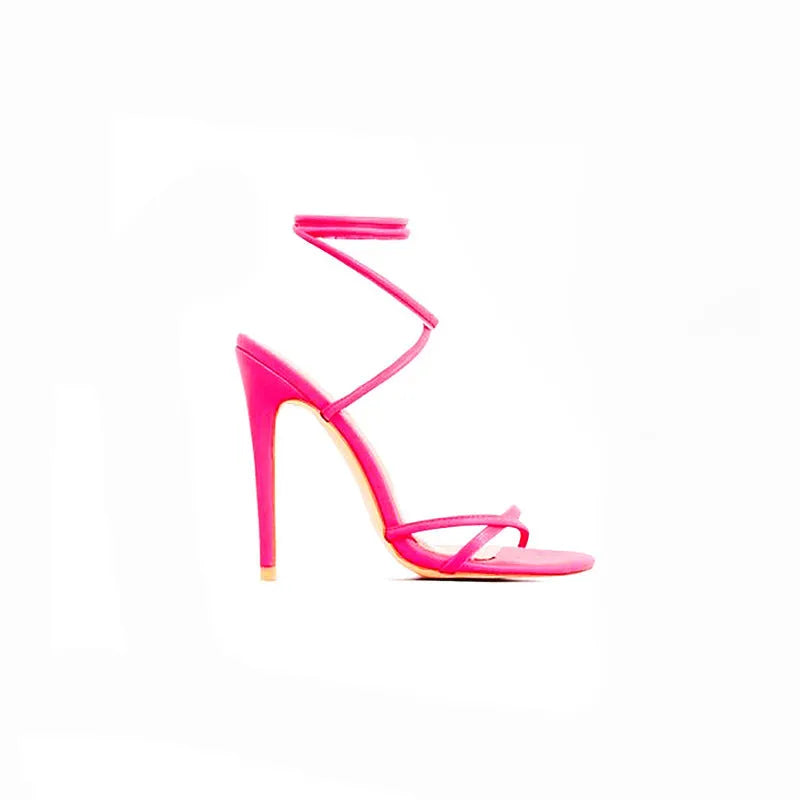 Candy bright toe strap high heels with microfiber upper and rubber sole in black, orange, rose red and yellow