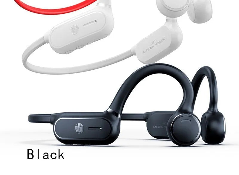Black air conduction Bluetooth wireless earphone with an ear-hook design and touch controls on the housing.