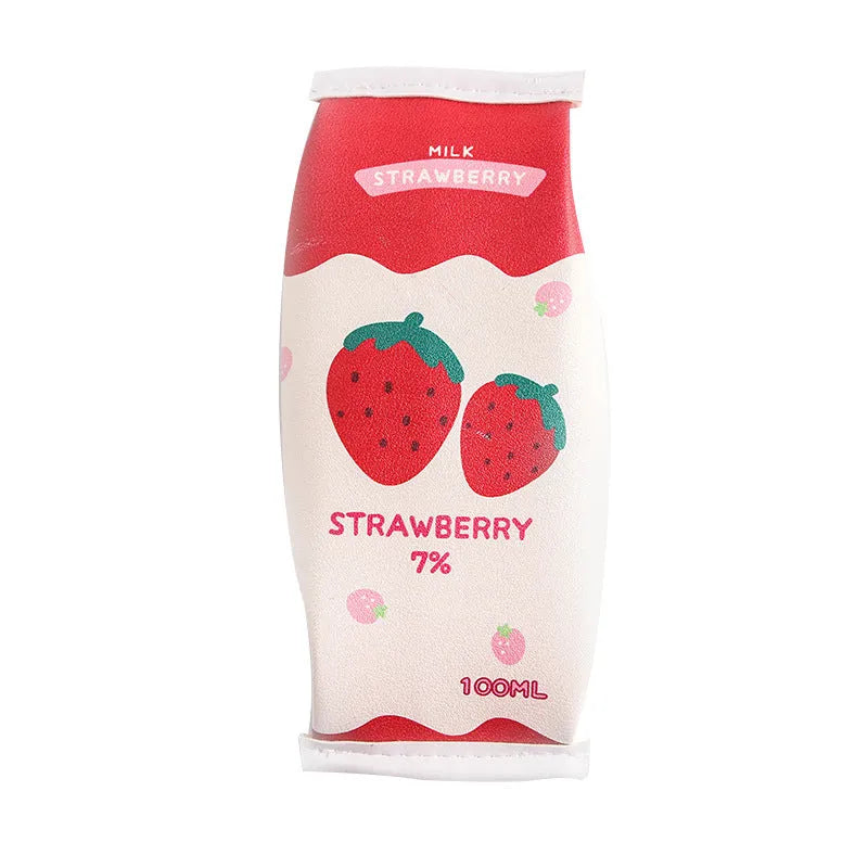 Leather pencil case shaped like a strawberry milk carton in pink colour on a white background