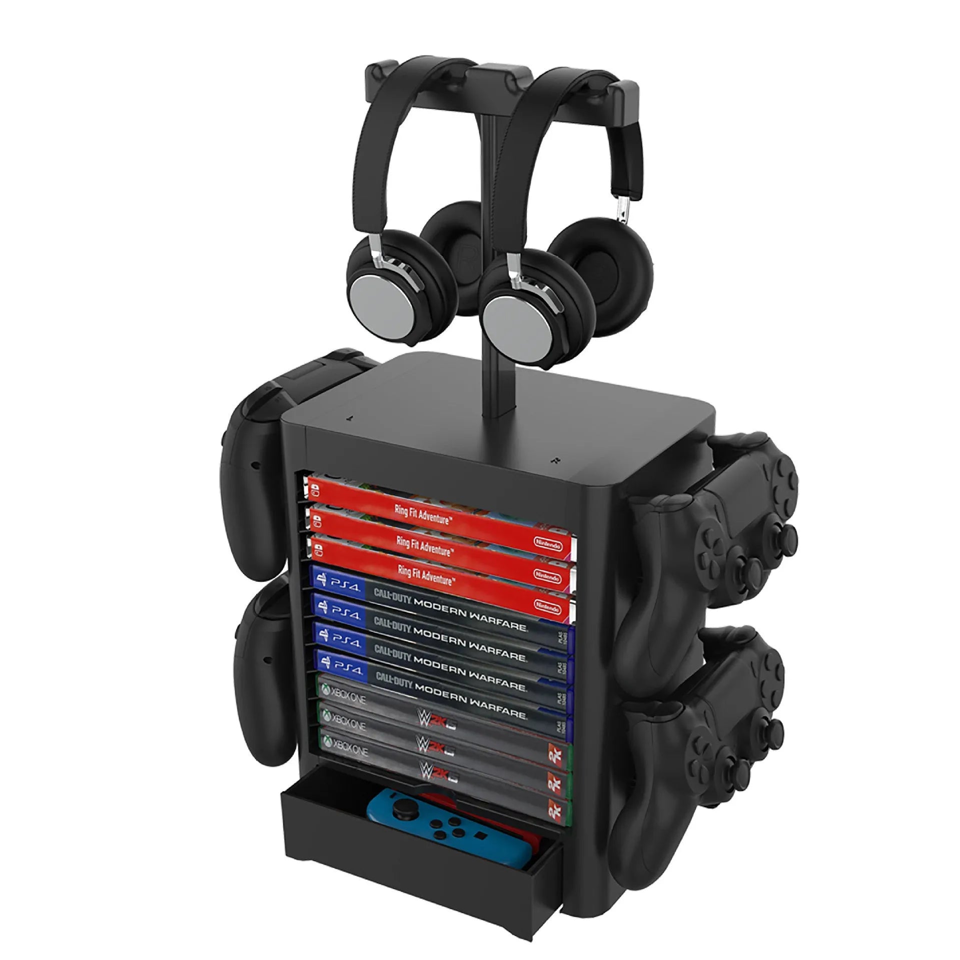 Black ABS game console storage rack holding headphones, controllers, and with an open accessory drawer.