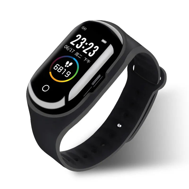 Smart bracelet and earphone combo in blue, black, or red with a 1-inch colour screen and silicone wristband.