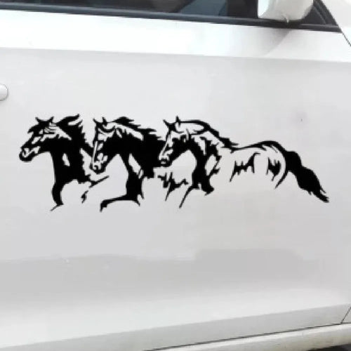 Three horses automotive decal sticker on vehicle body panel showing detailed equestrian design