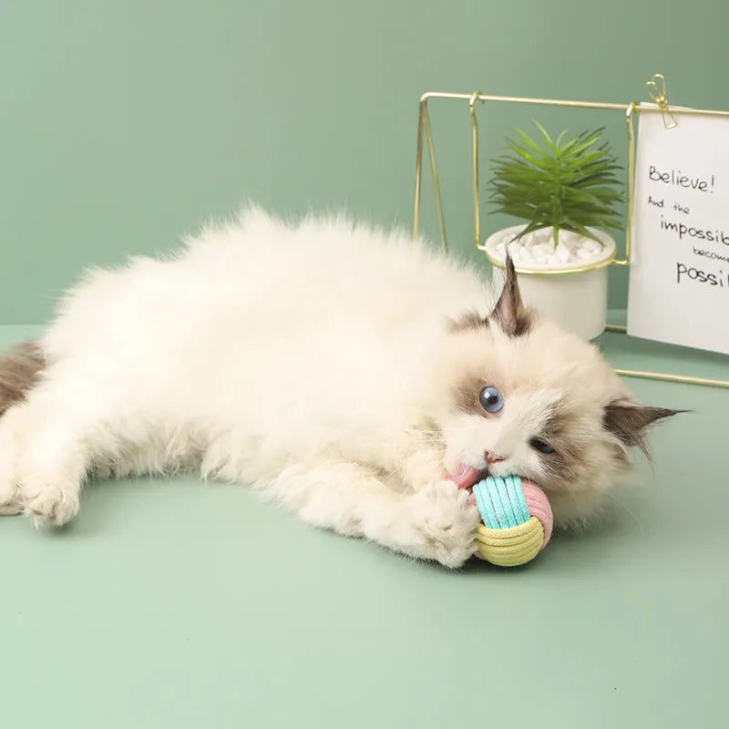 Handmade 5cm cotton plush ball cat toy in blue powder colour for teeth grinding and interactive play
