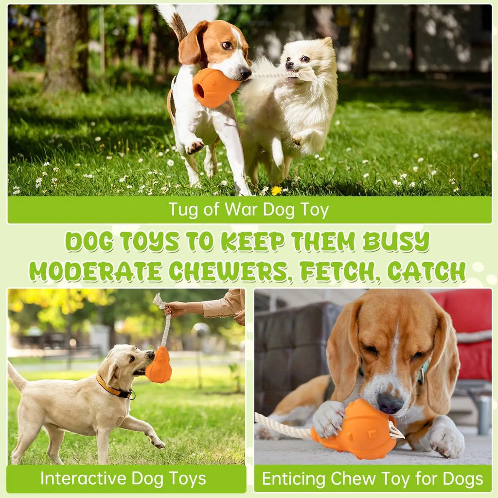 Natural rubber stuffable dog toy with a long strap for fetch and treat dispensing.