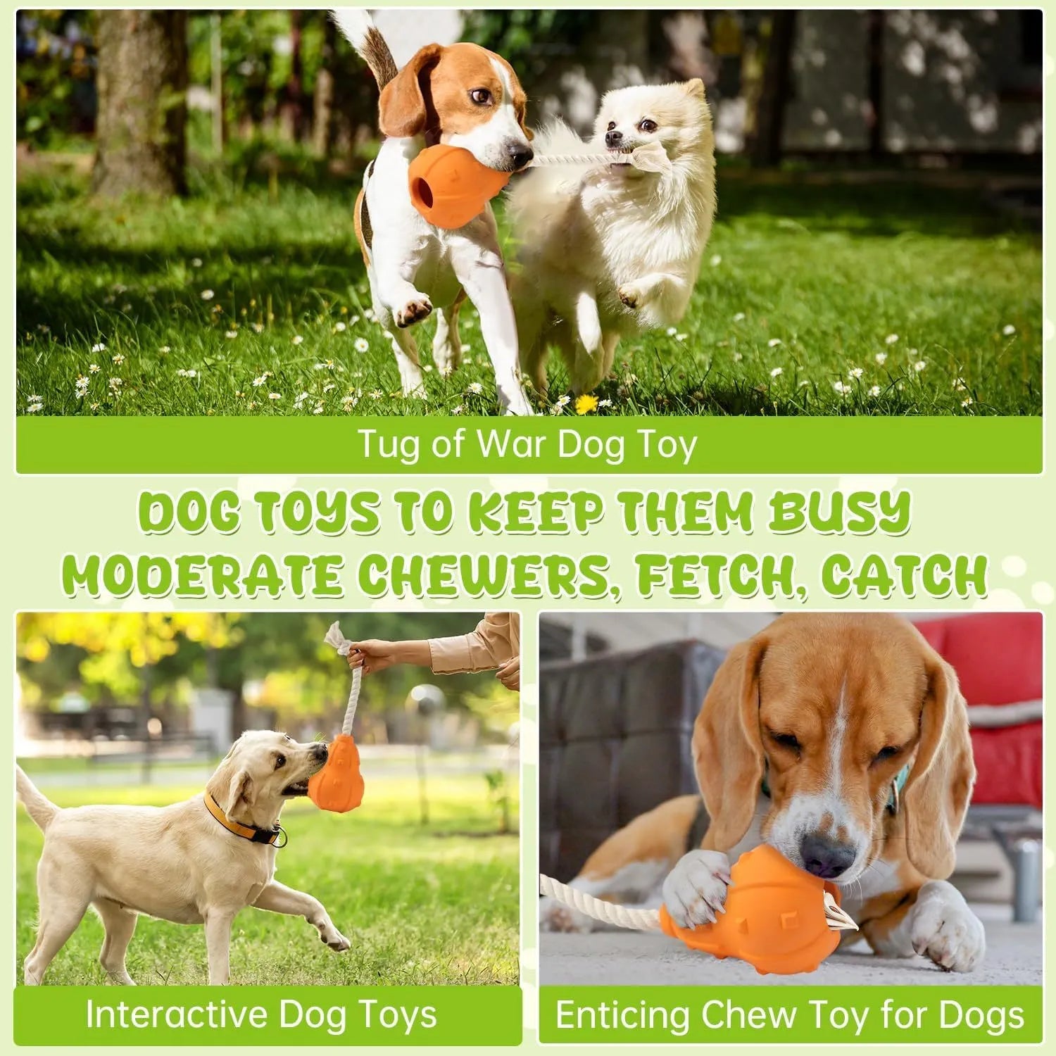 Natural rubber stuffable dog toy with a long strap for fetch and treat dispensing.